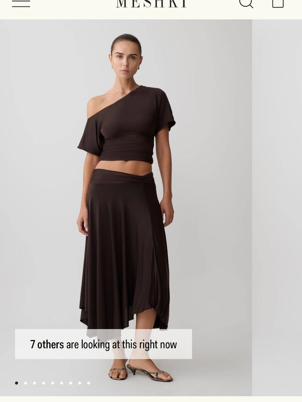 Meshki Chocolate Brown High-Low Asymmetric Skirt & Off The Shoulder Top